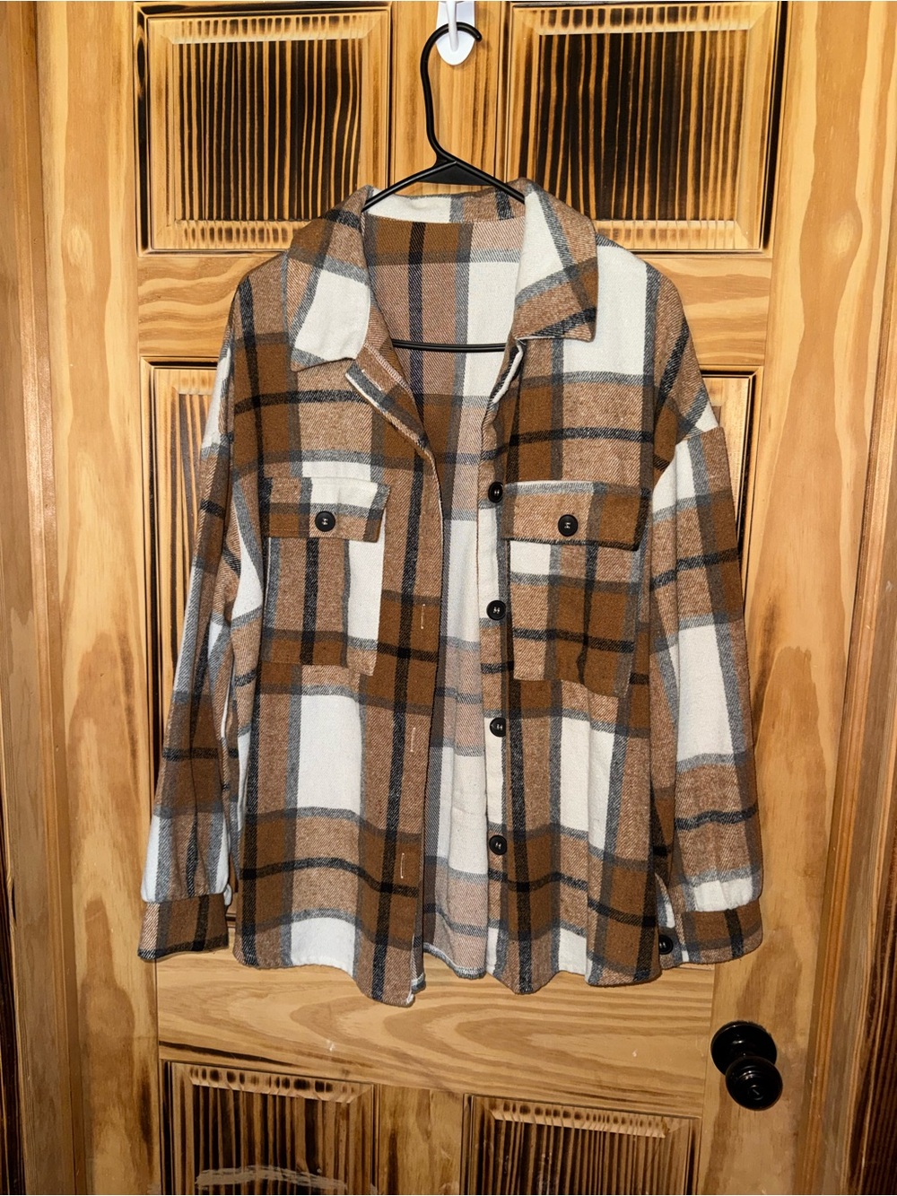 Womens Brown & Cream Plaid Shacket Jacket